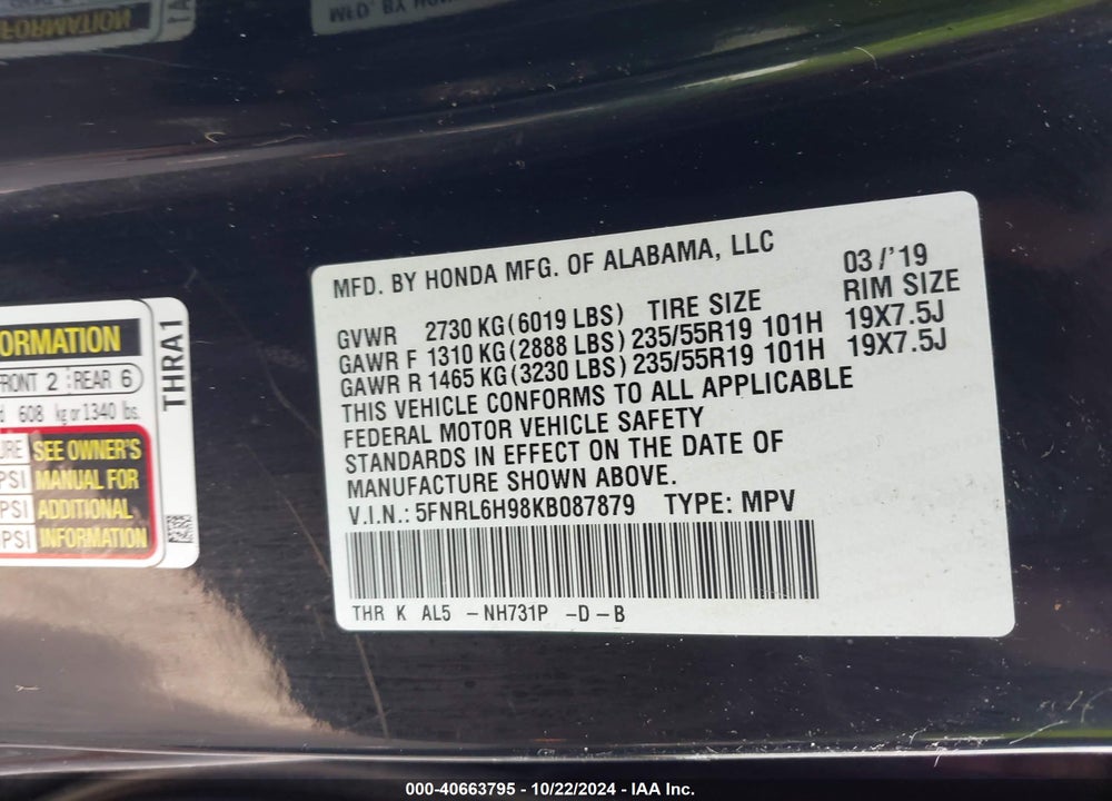 2019 HONDA ODYSSEY ELITE VIN: 5FNRL6H98KB087879