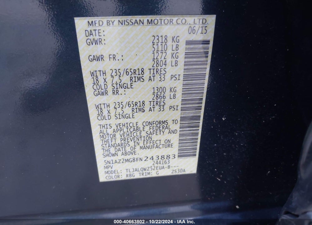 2015 NISSAN MURANO SV VIN: 5N1AZ2MG8FN243883