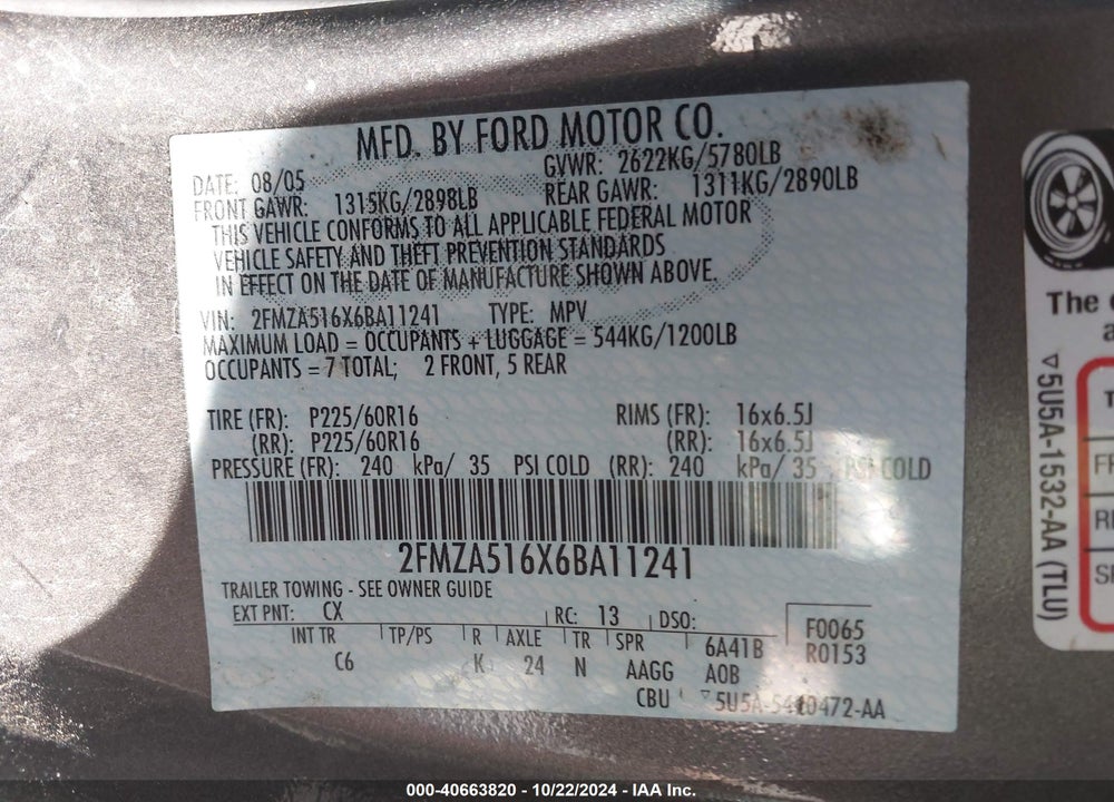 2006 FORD FREESTAR SE VIN: 2FMZA516X6BA11241