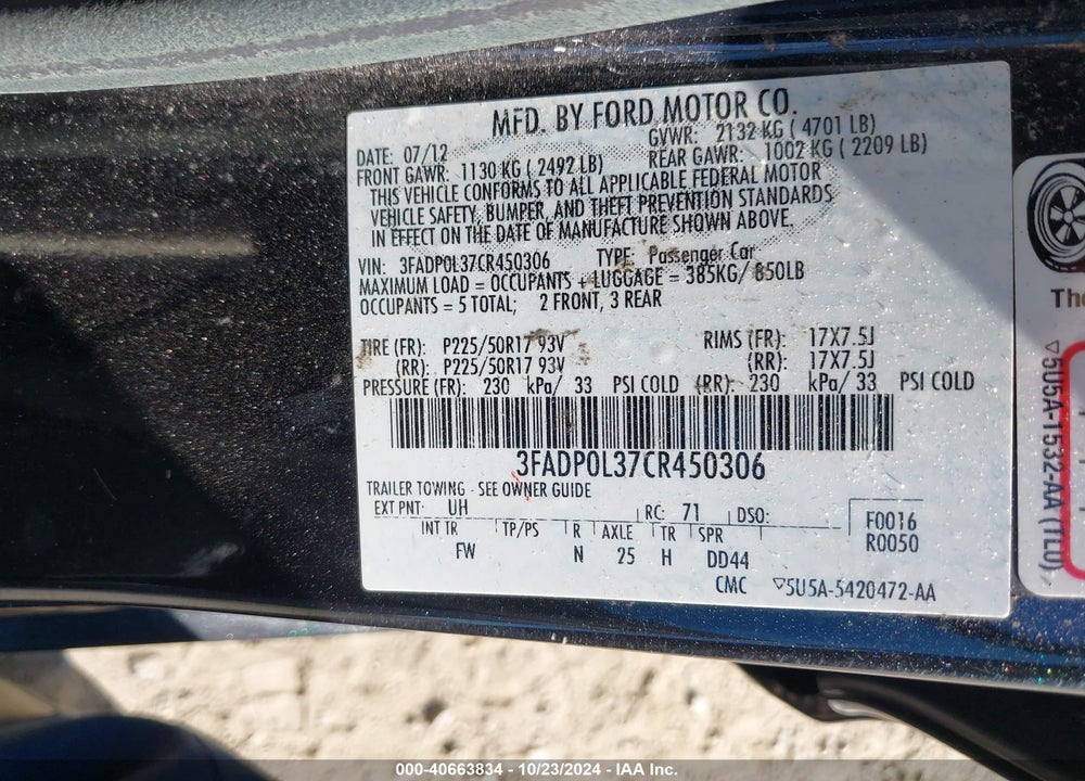 2012 FORD FUSION HYBRID VIN: 3FADP0L37CR450306