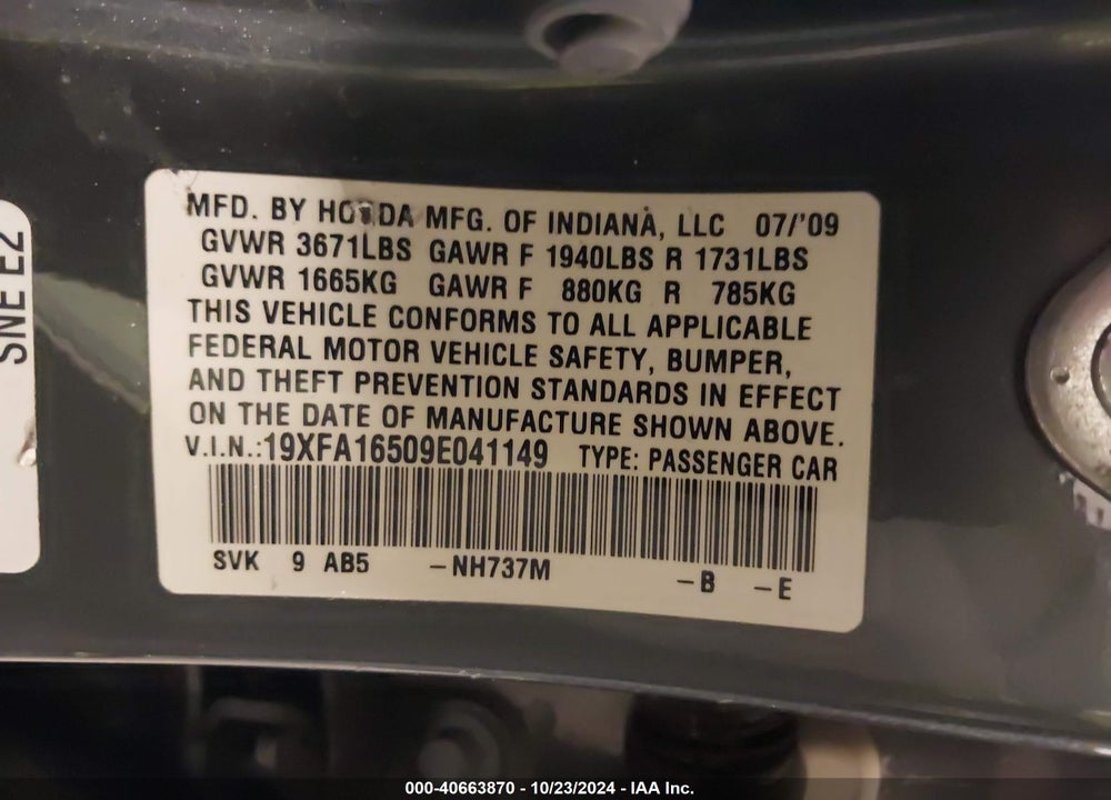 2009 HONDA CIVIC LX VIN: 19XFA16509E041149