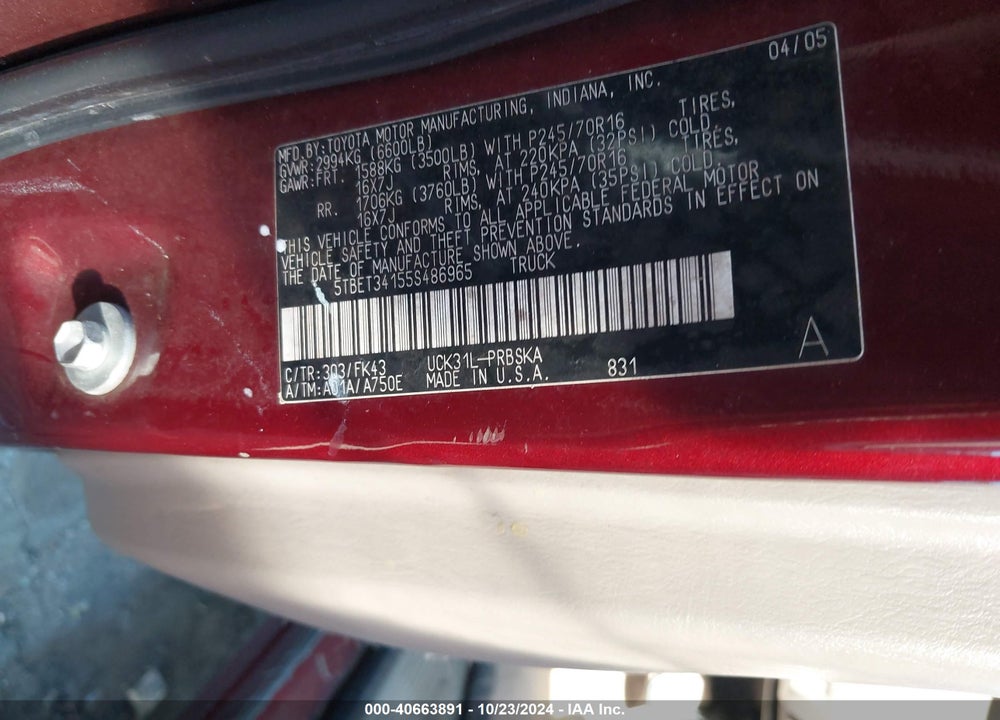 2005 TOYOTA TUNDRA SR5 V8 VIN: 5TBET34155S486965