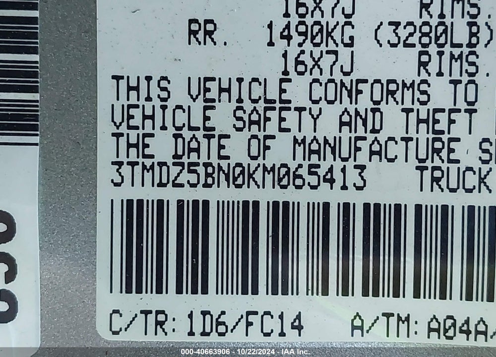 2019 TOYOTA TACOMA SR5 V6 VIN: 3TMDZ5BN0KM065413