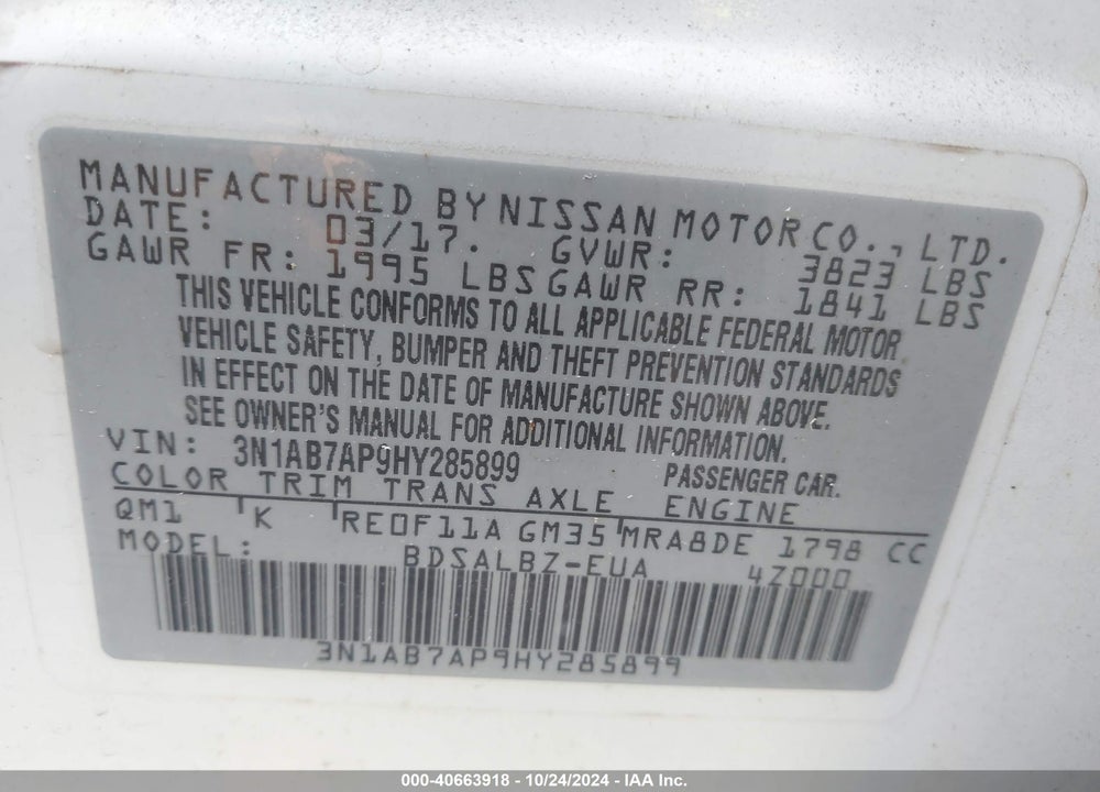 2017 NISSAN SENTRA S VIN: 3N1AB7AP9HY285899