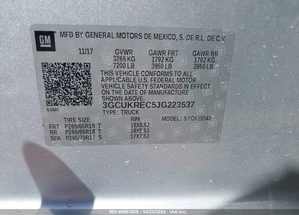 2018 CHEVROLET SILVERADO 1500 2LT VIN: 3GCUKREC5JG223537
