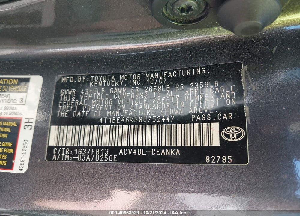 2008 TOYOTA CAMRY LE VIN: 4T1BE46K58U752447