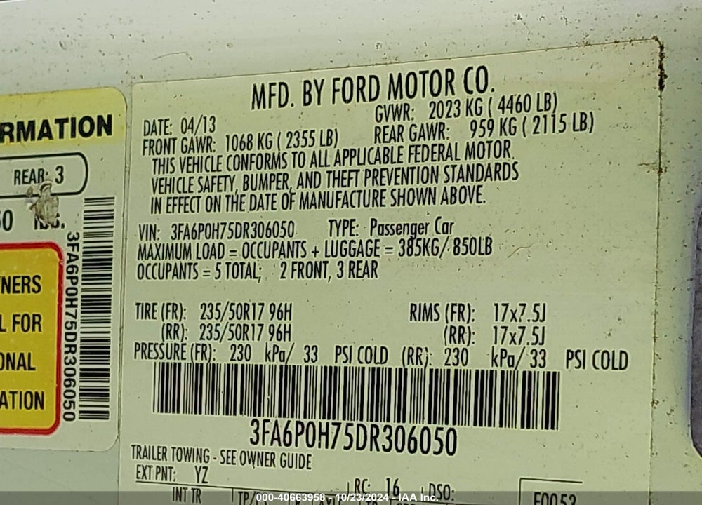 2013 FORD FUSION SE VIN: 3FA6P0H75DR306050