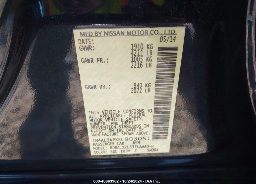 2014 NISSAN ALTIMA 2.5 SL VIN: 1N4AL3APXEC903051
