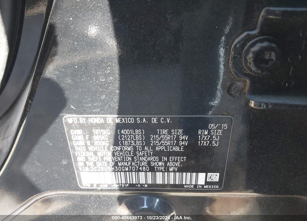 2016 HONDA HR-V LX VIN: 3CZRU5H30GM707480