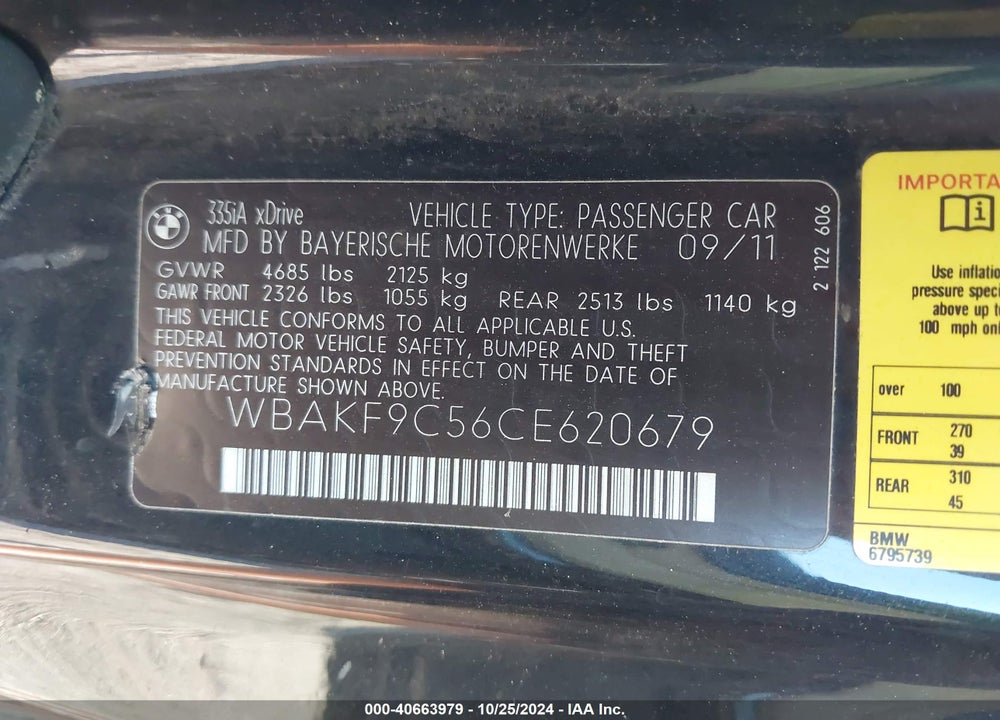 2012 BMW 335I XDRIVE VIN: WBAKF9C56CE620679