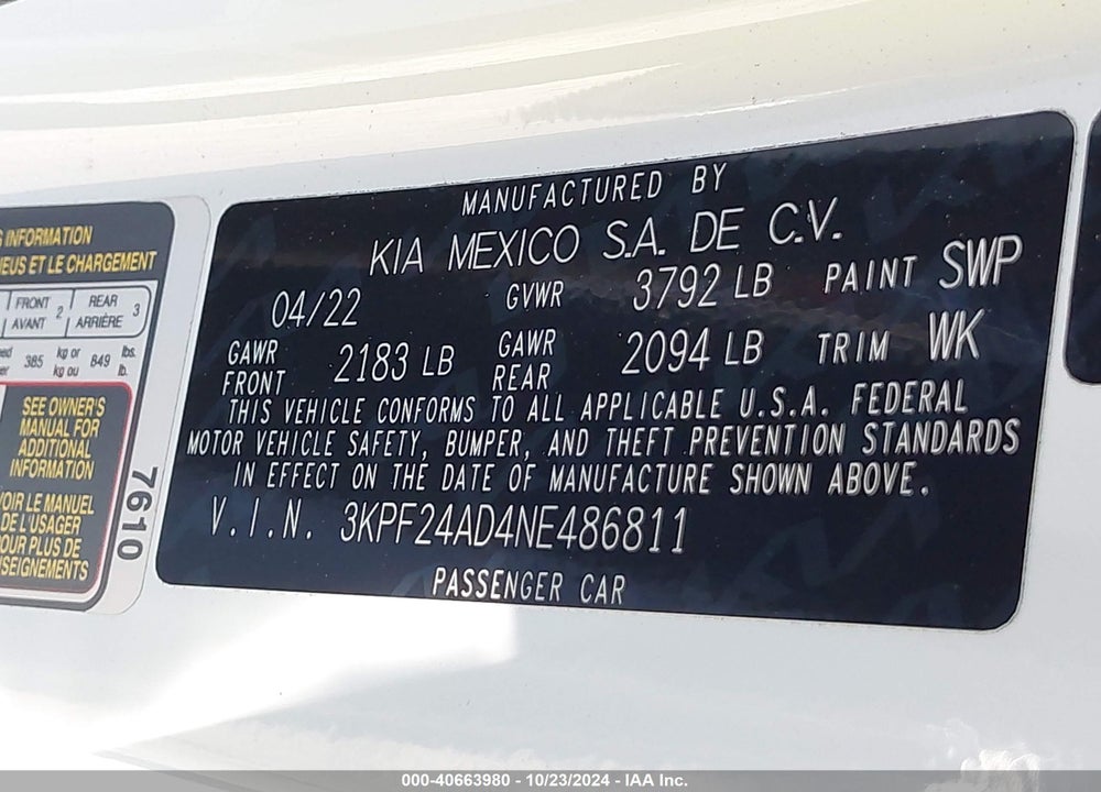 2022 KIA FORTE LXS VIN: 3KPF24AD4NE486811