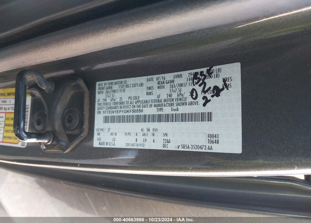 2016 FORD F-150 XL VIN: 1FTEW1EP1GKF50550
