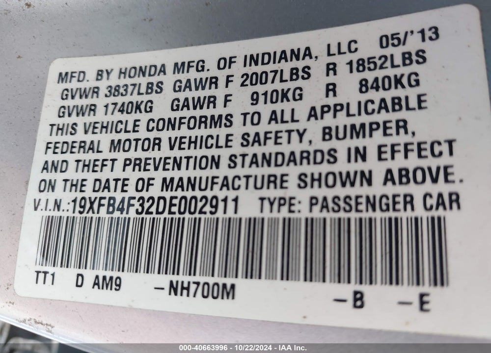 2013 HONDA CIVIC HYBRID VIN: 19XFB4F32DE002911