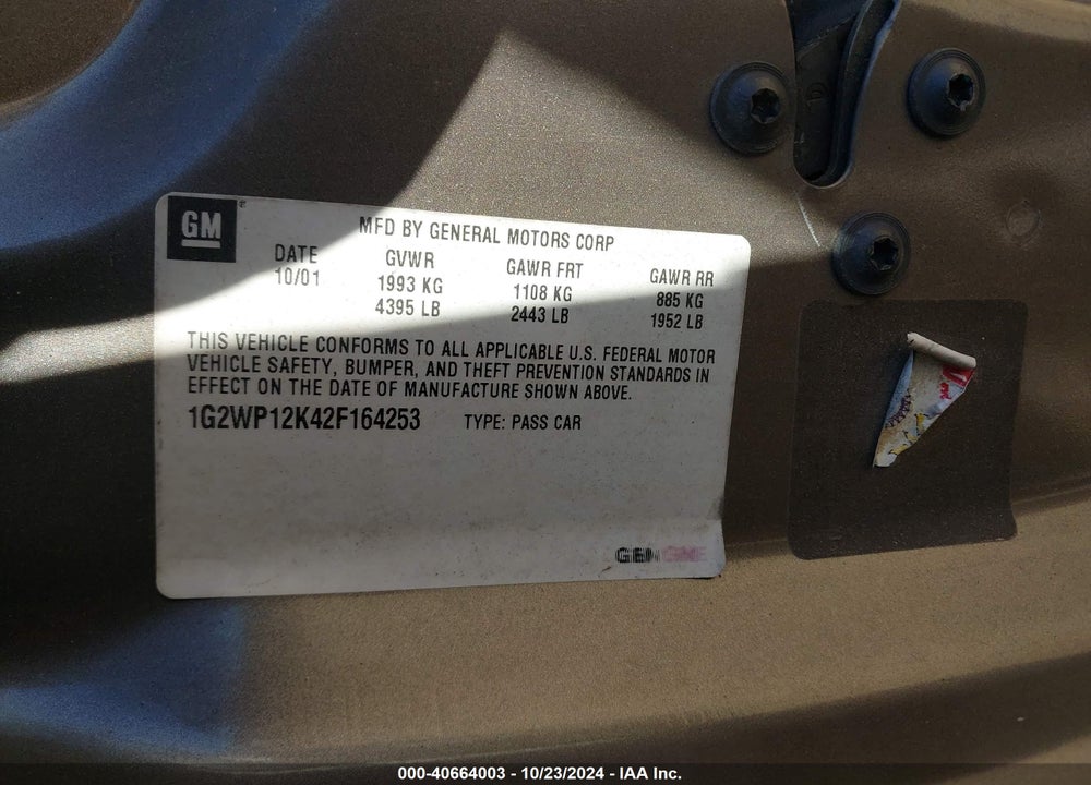 2002 PONTIAC GRAND PRIX GT VIN: 1G2WP12K42F164253