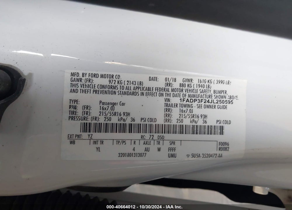 2018 FORD FOCUS SE VIN: 1FADP3F24JL250595