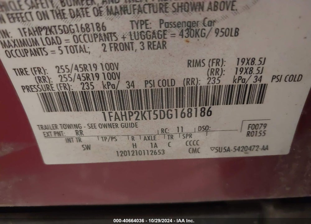 2013 FORD TAURUS VIN: 1FAHP2KT5DG168186