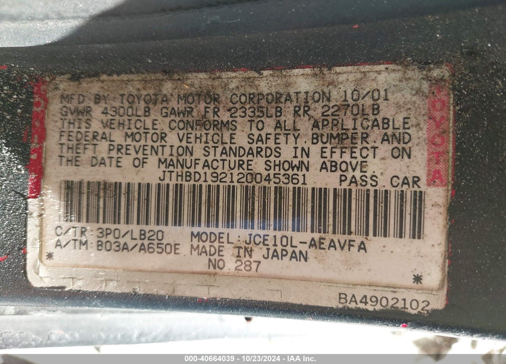 2002 LEXUS IS 300 VIN: JTHBD192120045361
