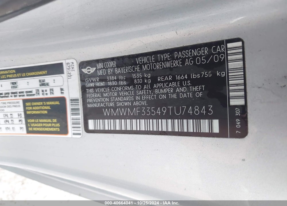 2009 MINI COOPER VIN: WMWMF33549TU74843