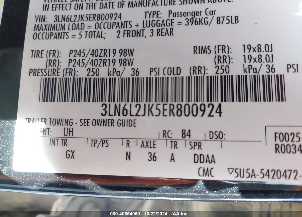2014 LINCOLN MKZ VIN: 3LN6L2JK5ER800924