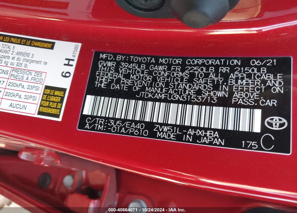 2022 TOYOTA PRIUS XLE VIN: JTDKAMFU3N3153713