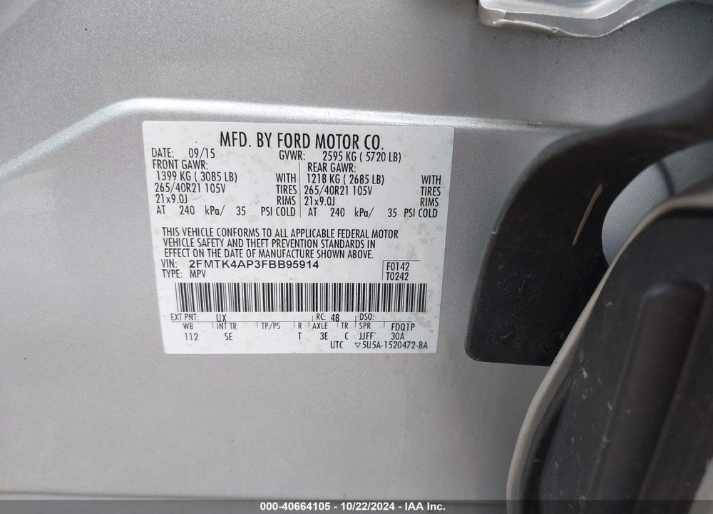 2015 FORD EDGE SPORT VIN: 2FMTK4AP3FBB95914