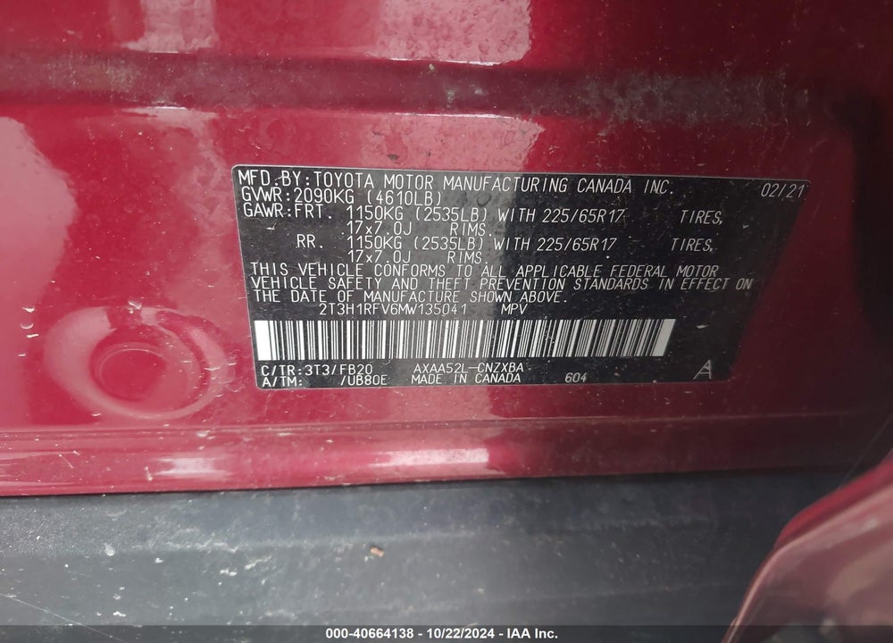 2021 TOYOTA RAV4 LE VIN: 2T3H1RFV6MW135041
