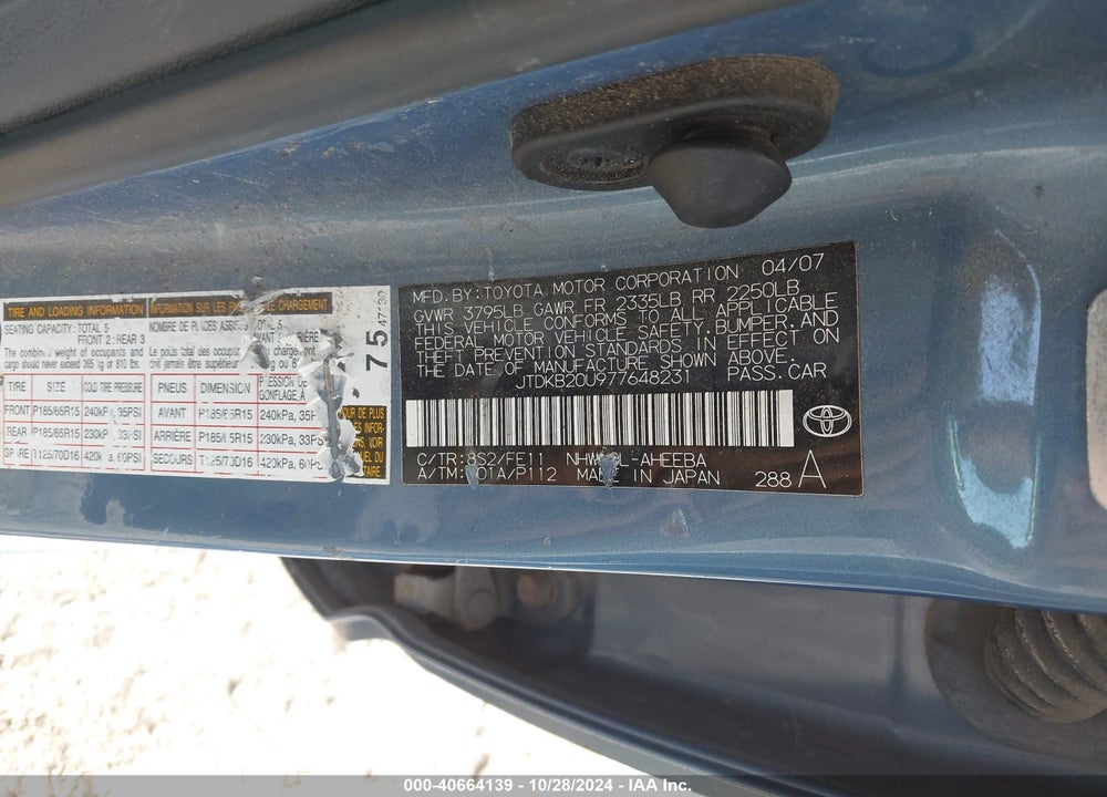 2007 TOYOTA PRIUS VIN: JTDKB20U977648231