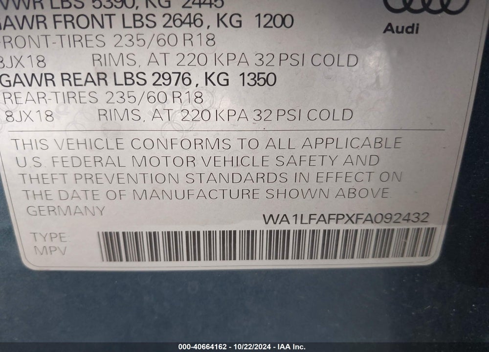 2015 AUDI Q5 2.0T PREMIUM VIN: WA1LFAFPXFA092432