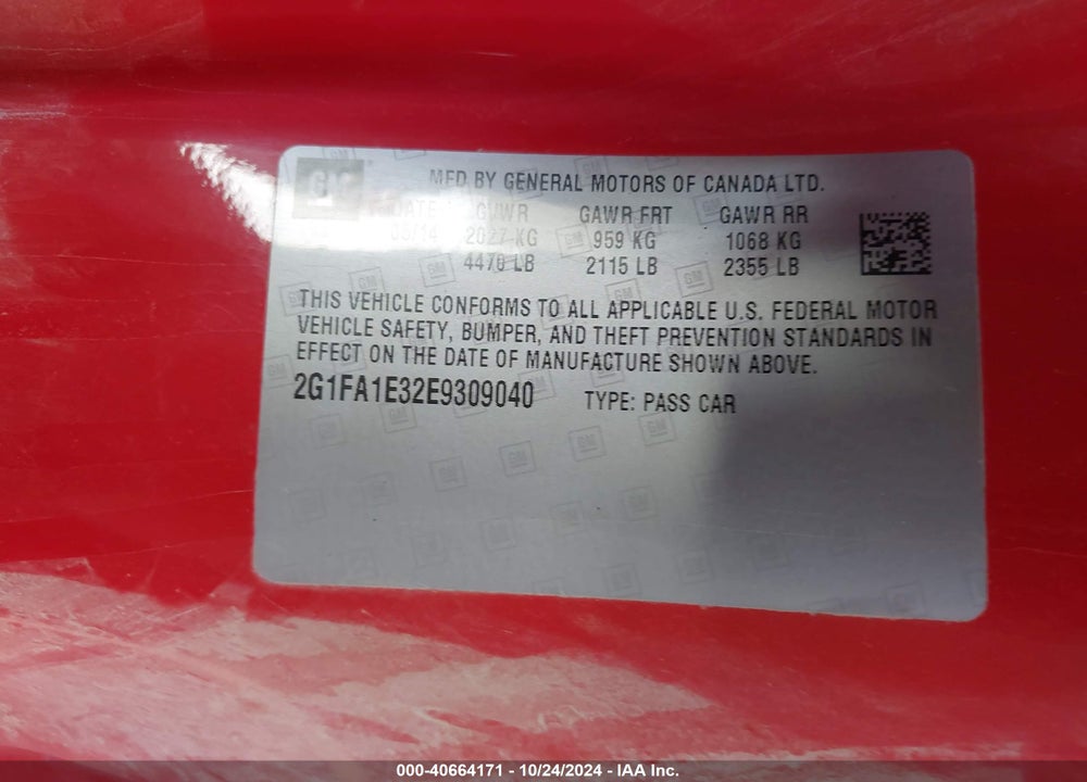 2014 CHEVROLET CAMARO 2LS VIN: 2G1FA1E32E9309040