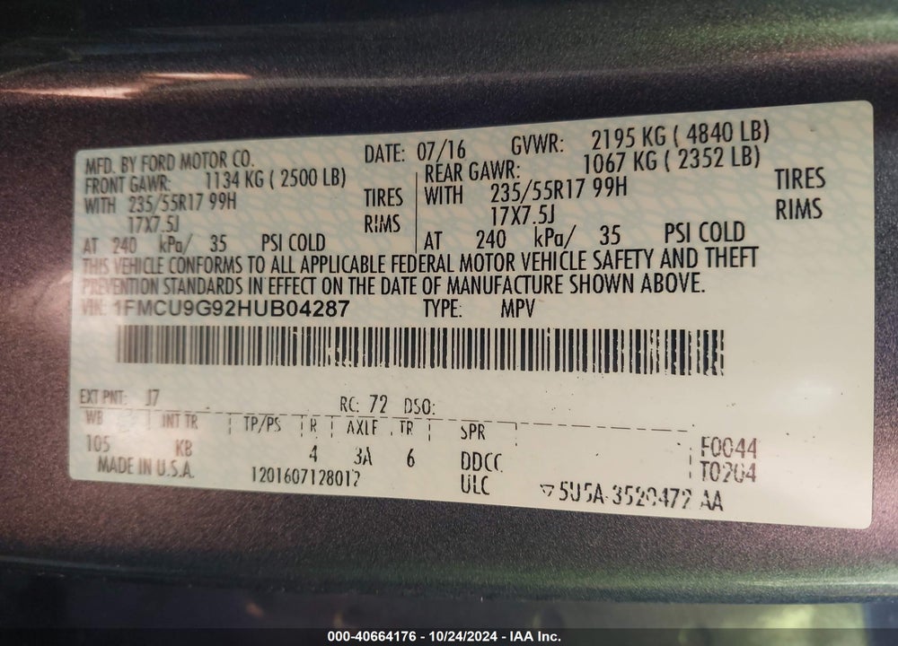 2017 FORD ESCAPE SE VIN: 1FMCU9G92HUB04287