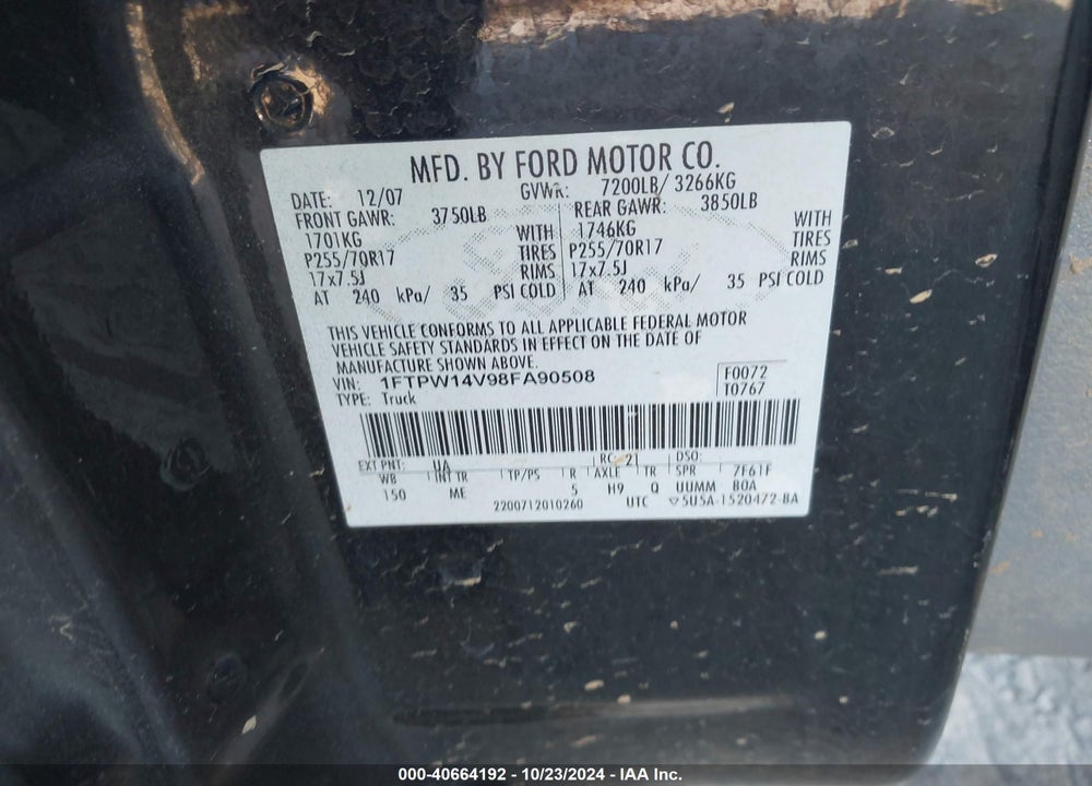 2008 FORD F-150 60TH ANNIVERSARY/FX4/KING RANCH/LARIAT/XLT VIN: 1FTPW14V98FA90508
