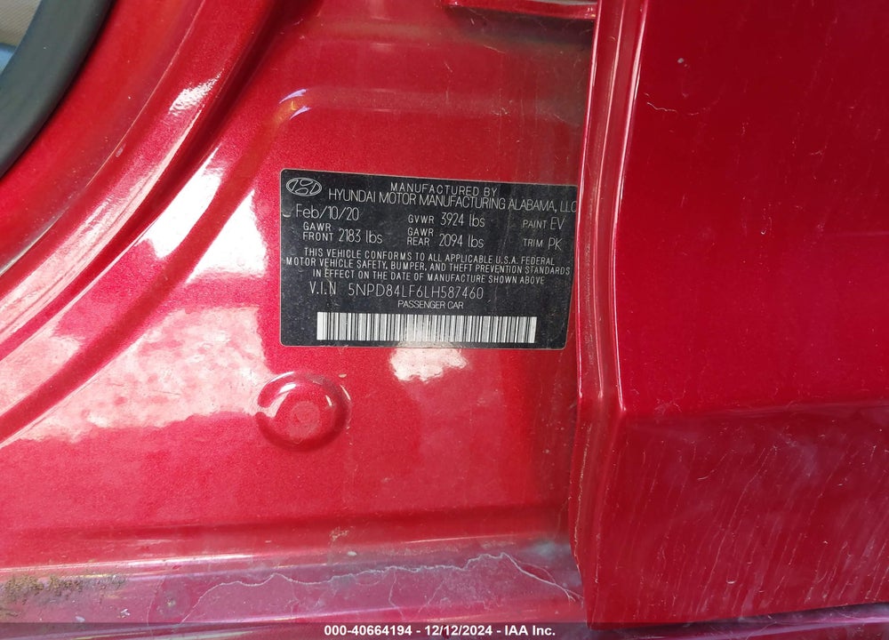 2020 HYUNDAI ELANTRA SEL VIN: 5NPD84LF6LH587460