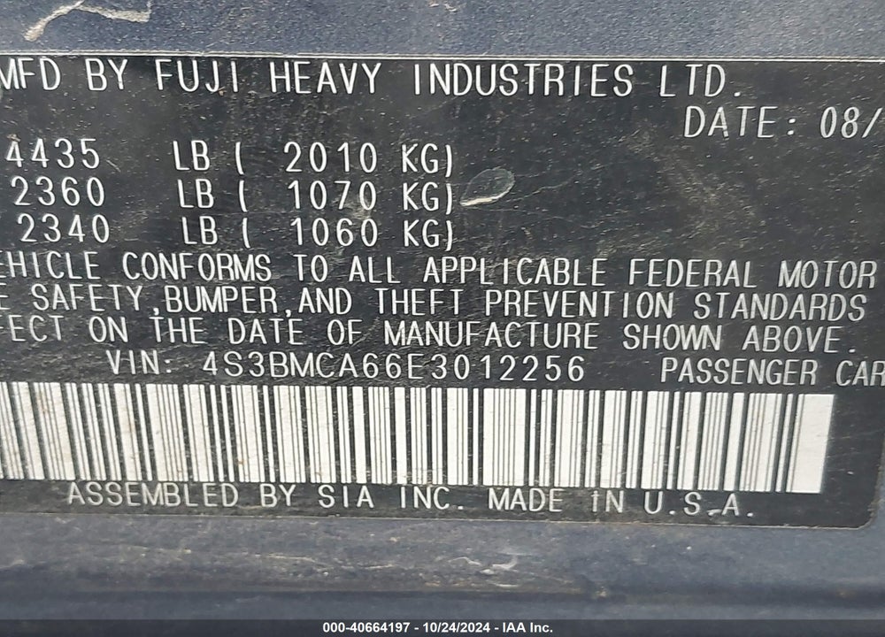 2014 SUBARU LEGACY 2.5I VIN: 4S3BMCA66E3012256