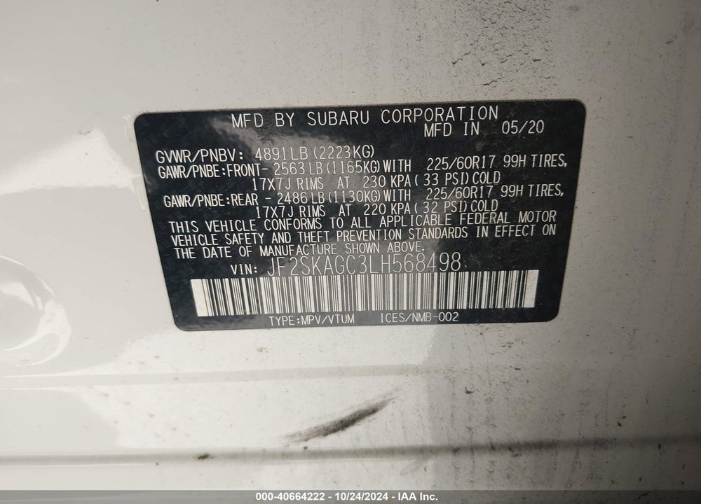2020 SUBARU FORESTER PREMIUM VIN: JF2SKAGC3LH568498
