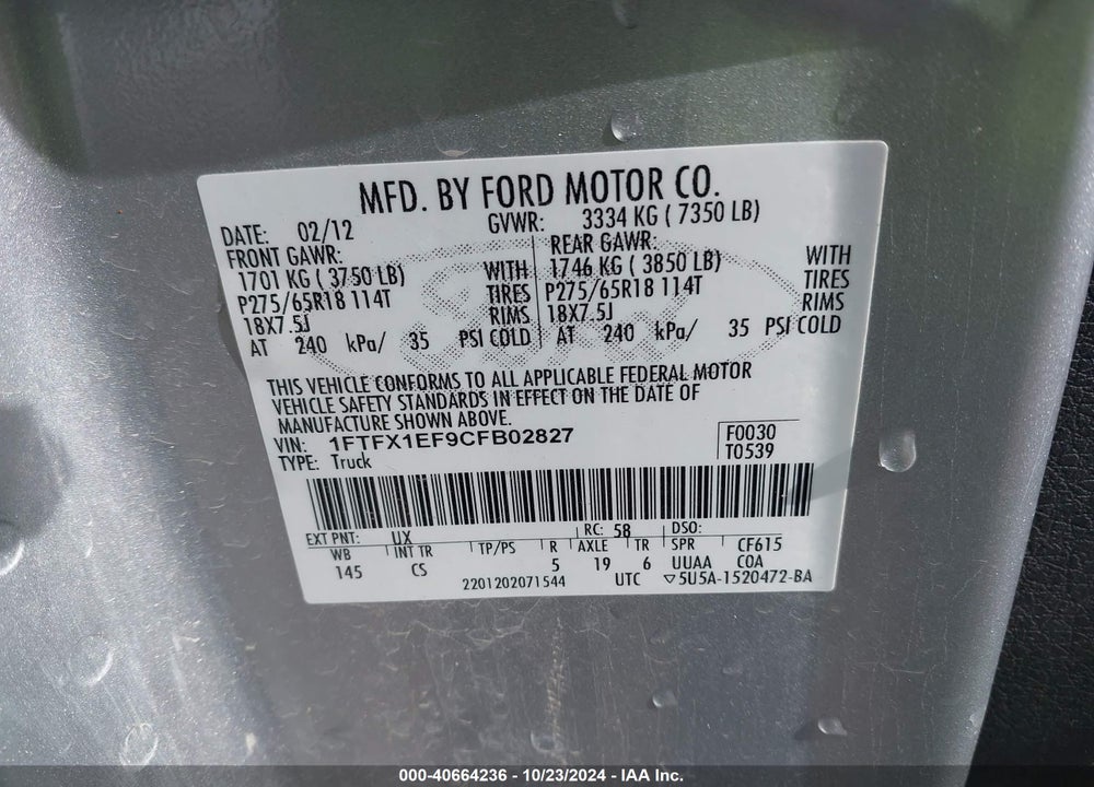 2012 FORD F-150 STX VIN: 1FTFX1EF9CFB02827