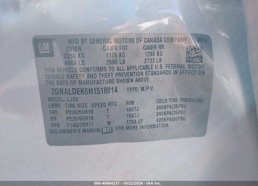 2017 CHEVROLET EQUINOX PREMIER VIN: 2GNALDEK6H1518814