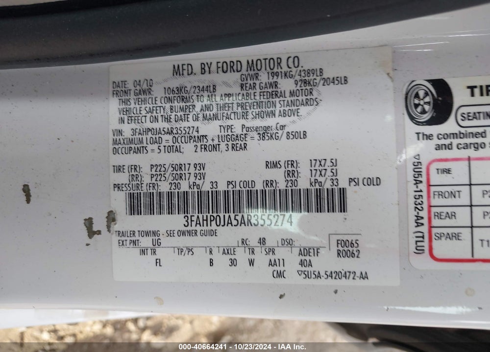 2010 FORD FUSION SEL VIN: 3FAHP0JA5AR355274