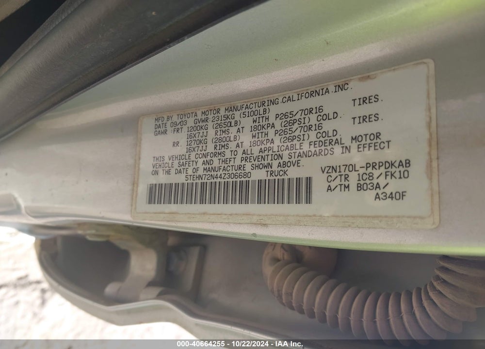 2004 TOYOTA TACOMA BASE V6 VIN: 5TEHN72N44Z306680