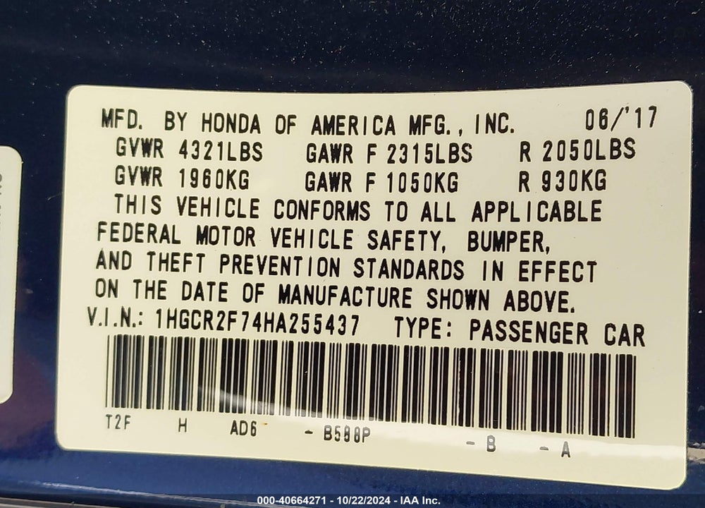 2017 HONDA ACCORD EX VIN: 1HGCR2F74HA255437