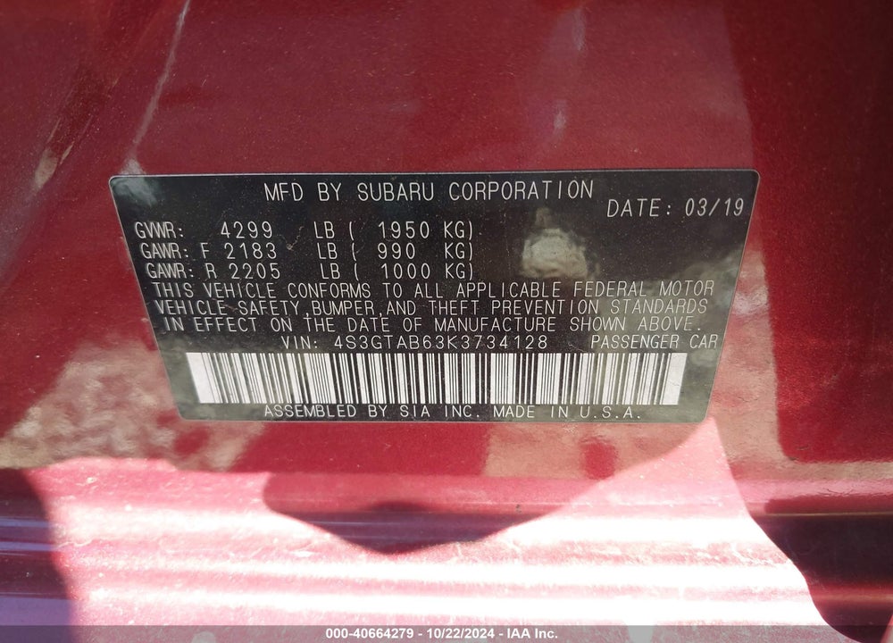 2019 SUBARU IMPREZA 2.0I VIN: 4S3GTAB63K3734128