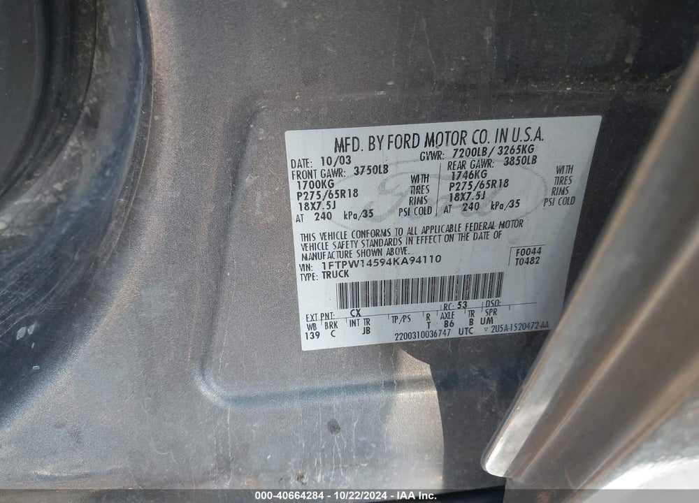 2004 FORD F-150 FX4/LARIAT/XLT VIN: 1FTPW14594KA94110