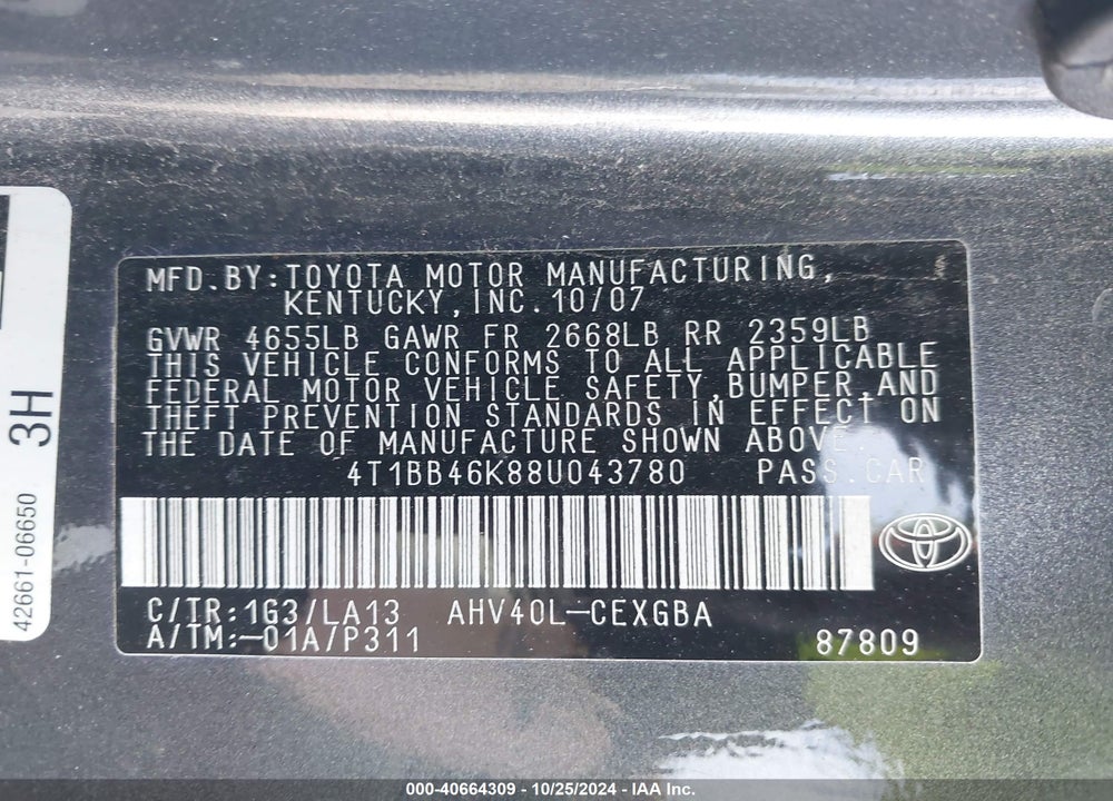 2008 TOYOTA CAMRY HYBRID VIN: 4T1BB46K88U043780