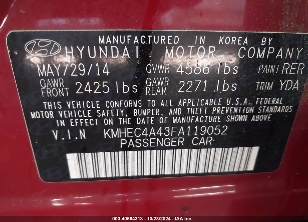 2015 HYUNDAI SONATA HYBRID VIN: KMHEC4A43FA119052