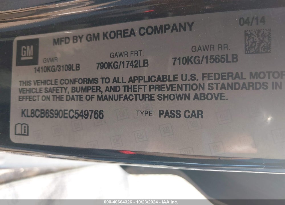 2014 CHEVROLET SPARK LS AUTO VIN: KL8CB6S90EC549766
