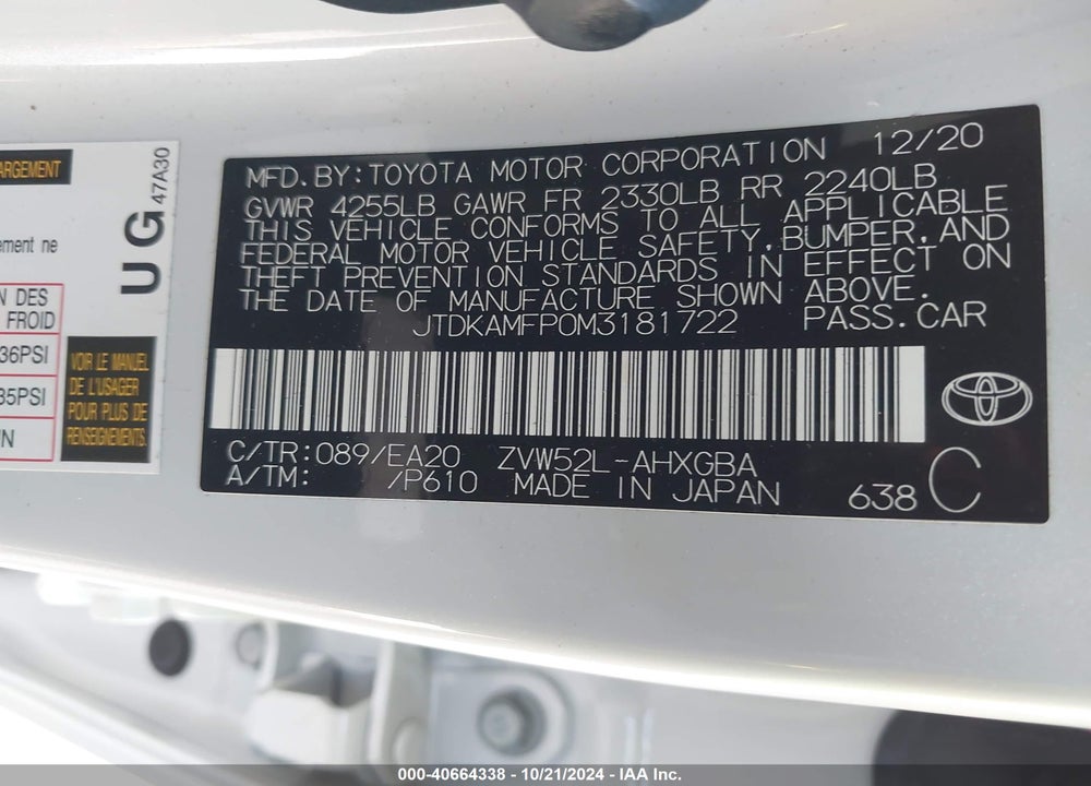 2021 TOYOTA PRIUS PRIME LIMITED VIN: JTDKAMFP0M3181722