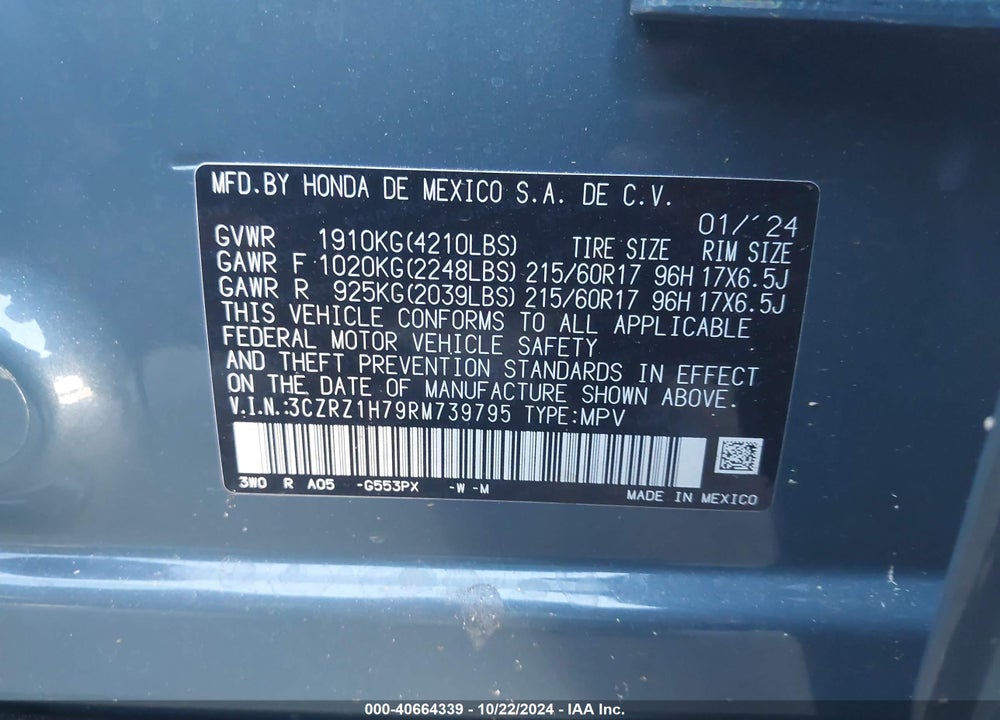 2024 HONDA HR-V VIN: 3CZRZ1H79RM739795