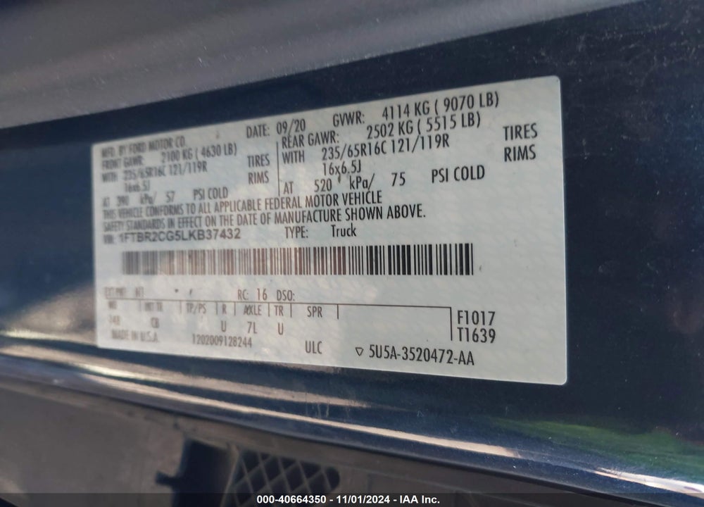 2020 FORD TRANSIT-250 CARGO VAN VIN: 1FTBR2CG5LKB37432