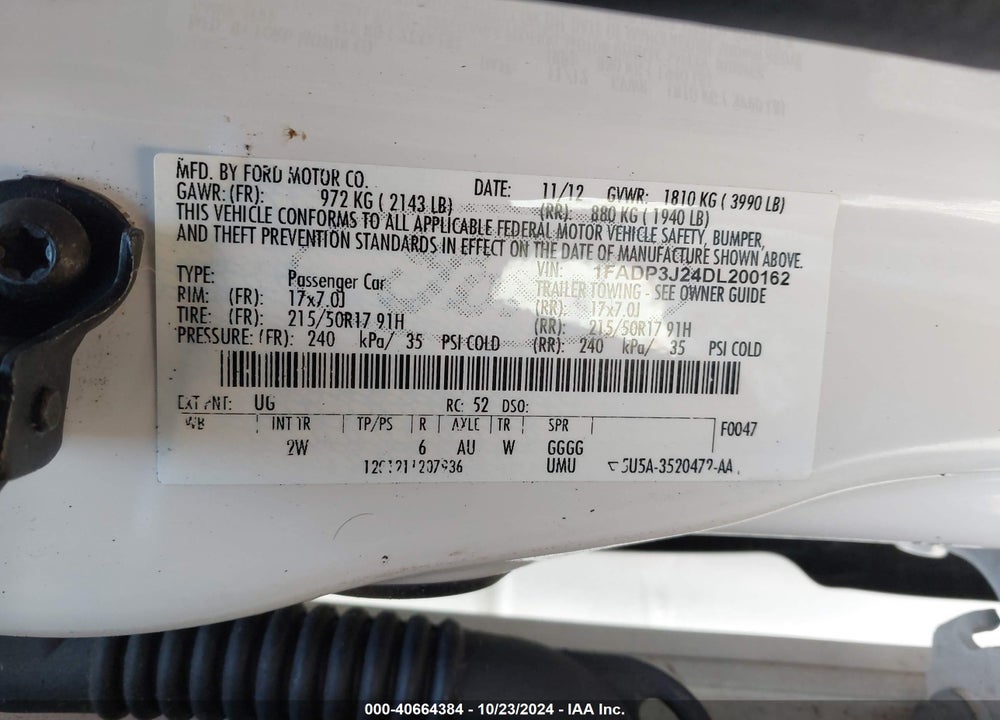 2013 FORD FOCUS VIN: 1FADP3J24DL200162