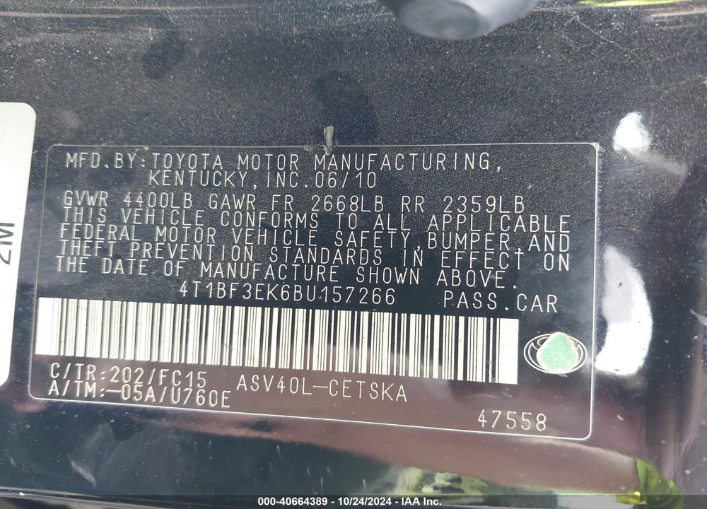 2011 TOYOTA CAMRY SE VIN: 4T1BF3EK6BU157266