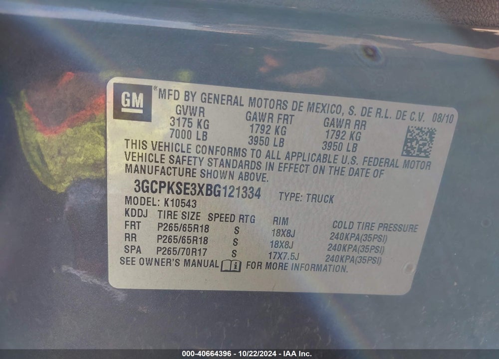 2011 CHEVROLET SILVERADO 1500 LT VIN: 3GCPKSE3XBG121334